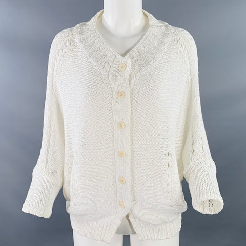 INHABIT Taille S Cardigan en tricot ajouré en coton texturé blanc à manches chauve-souris