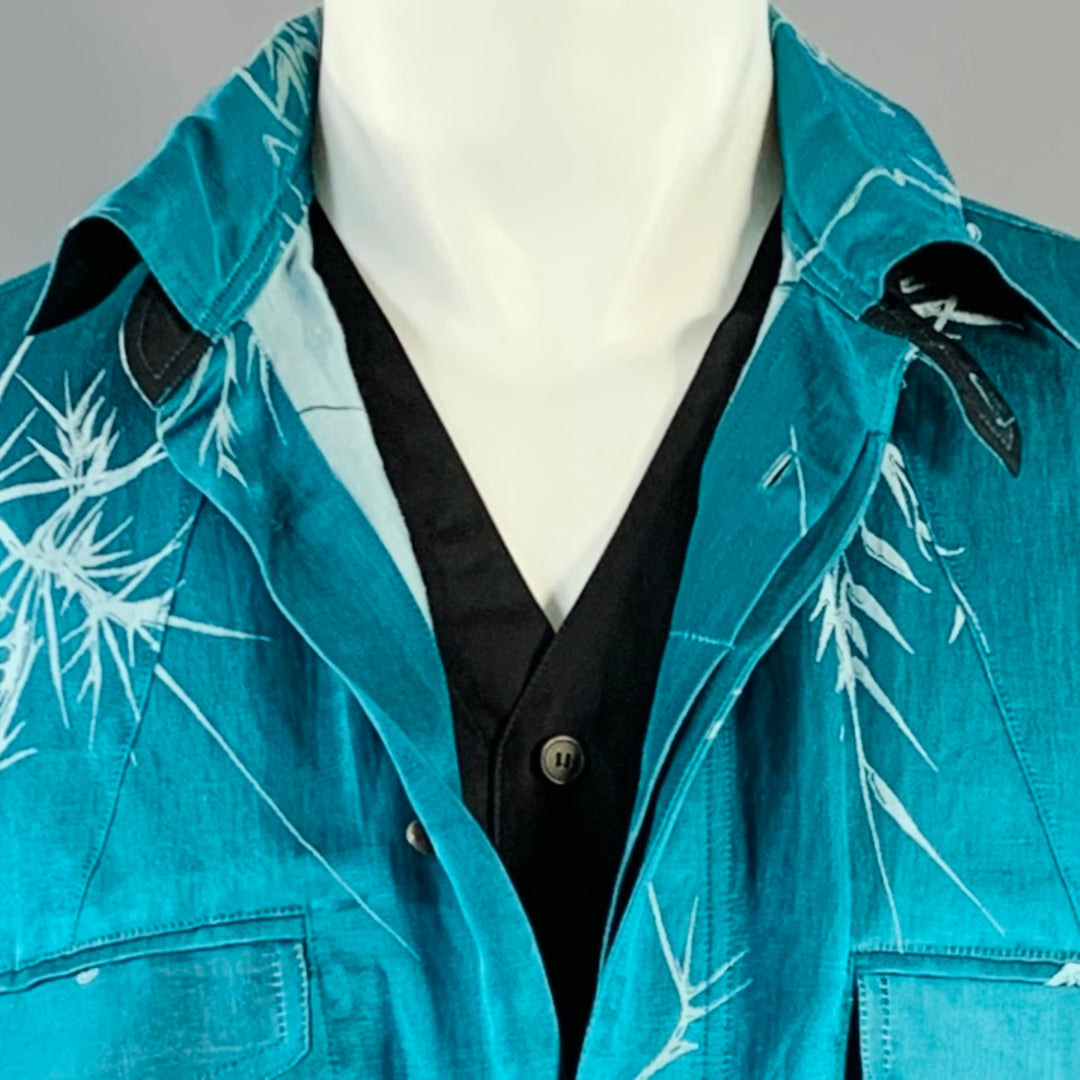 HAIDER ACKERMANN Size M Teal White Jacquard Linen Silk Layered Long Sleeve Shirt