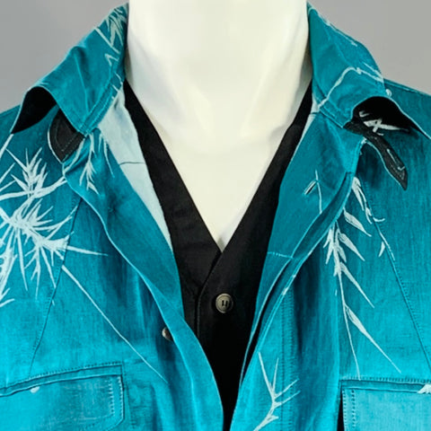 HAIDER ACKERMANN Size M Teal White Jacquard Linen Silk Layered Long Sleeve Shirt