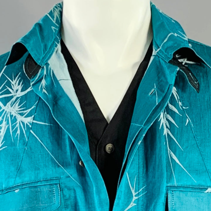 HAIDER ACKERMANN Size M Teal White Jacquard Linen Silk Layered Long Sleeve Shirt
