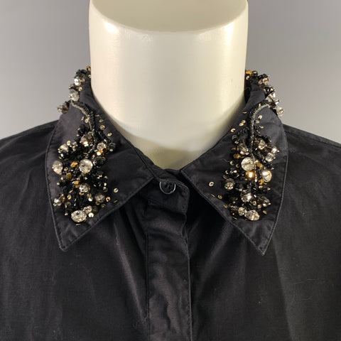 ZAC POSEN Size 12 Black Cotton Beaded Button Up Dress Top