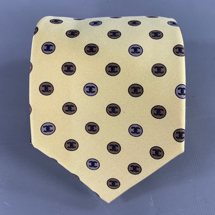 CHANEL Yellow Brown CC Monogram Logo Silk Tie