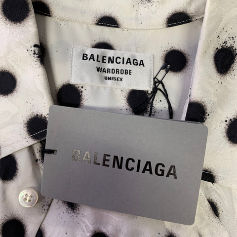 BALENCIAGA Size M White Black Polka Dot Viscose Silk Long Sleeve Shirt