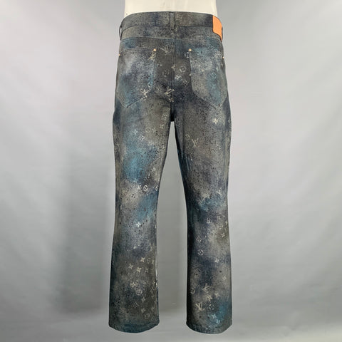 LOUIS VUITTON SS20 Size 36 Virgil Abloh Blue Indigo Monogram Cotton Baggy Distressed Jeans