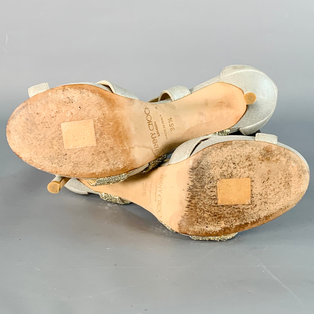 JIMMY CHOO Size 6.5 Grey Silver Glittery Leather Platform Stiletto Sandals