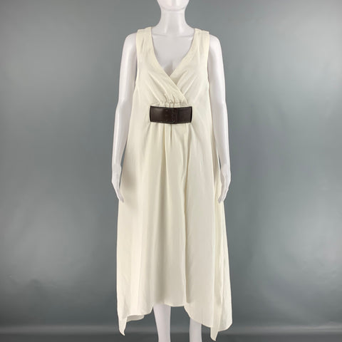 BRUNELLO CUCINELLI Size S White Brown Viscose Linen Belted Dress