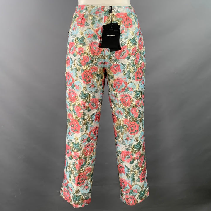 DOLCE & GABBANA Size 6 White Pink Jacquard Floral Capri Dress Pants
