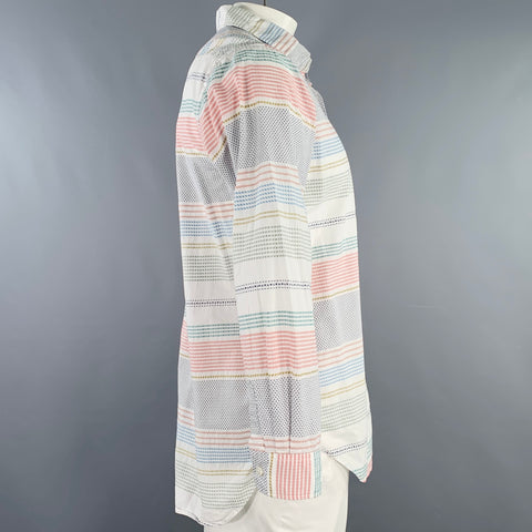 ENGINEERED GARMENTS Size L White Multi Color Stripe Cotton Long Sleeve Shirt
