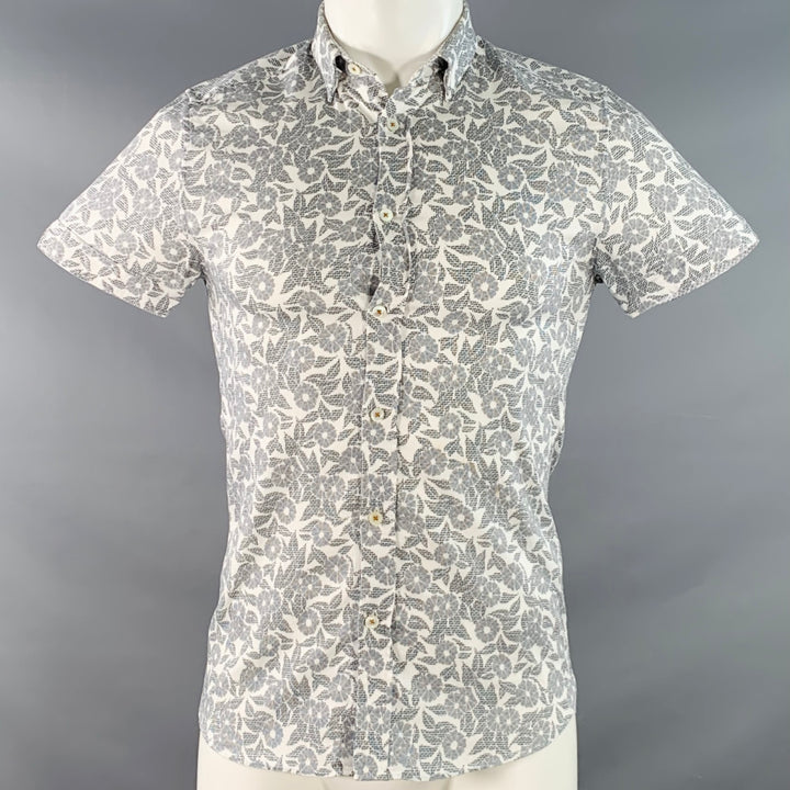 TED BAKER Size XS Bordeux White Black Abstract Floral Cotton Short Sleeve Shirt