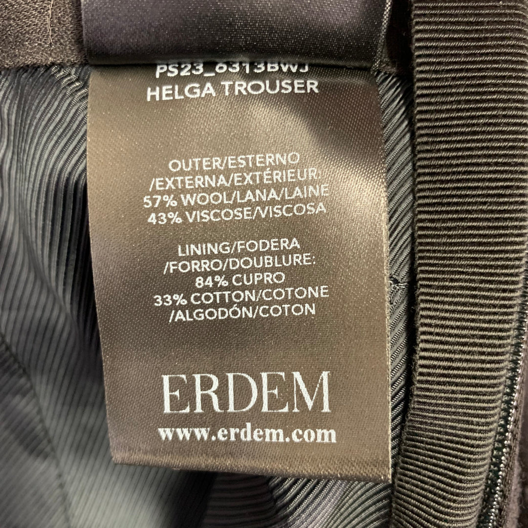 ERDEM Size 8 Helga Black Wool Blend Floral Flat Front Dress Pants