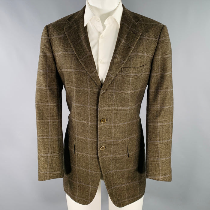 KITON Size 40 Brown Blue Window Pane Cashmere Notch Lapel Sport Coat