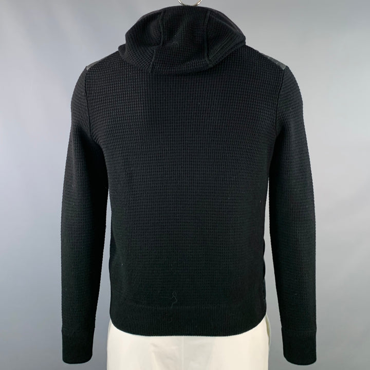 MONCLER 2014 Size L Black Quilted Polyamide Virgin Wool Hooded Zip Up Cardigan