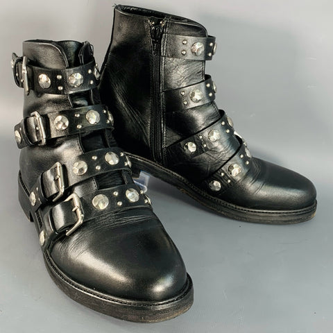 MAJE Size 9 Black Leather Studded Belted Side Zipper Military Ankle Boots