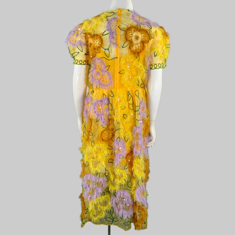 ASHISH Size L Yellow Lavender Floral Organza Ostrich Cocktail Dress