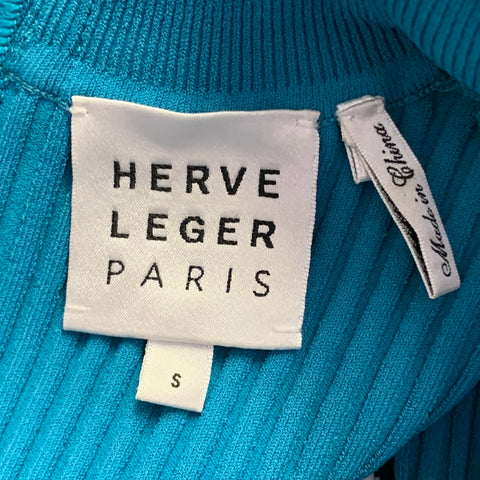HERVE LEGER Size S Blue Aqua Viscose Blend High Neck Ribbed Bandage Mini Dress
