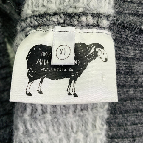 HOWLIN Size XL Spooky Doo Grey Charcoal Checkered Virgin Wool V-Neck Cardigan