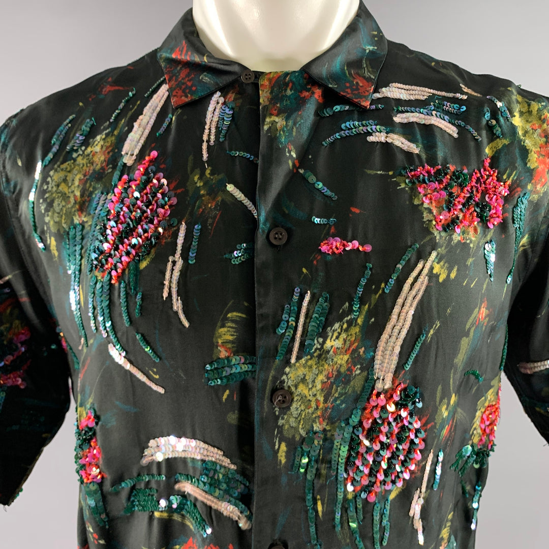 DRIES VAN NOTEN Size L Black Sequined Camp Short Sleeve Shirt