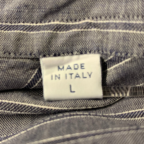 BRIONI Size L Navy Grey Stripe Linen Blend Pointed Collar Long Sleeve Shirt