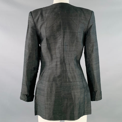 MELIVIER Vintage 1980s Size 4 Black Silk Shantung Padded Shoulders Double Breasted Jacket Blazer
