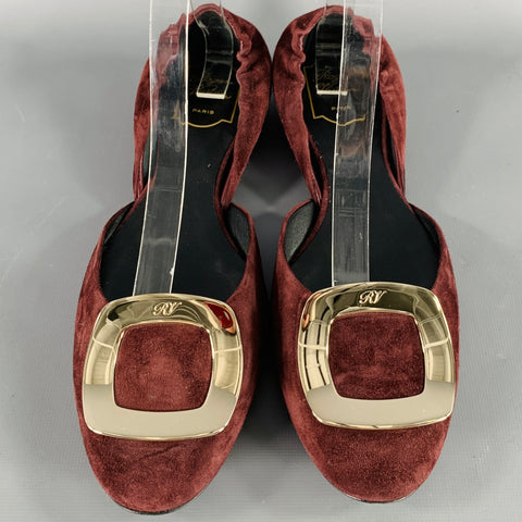 ROGER VIVIER Size 10 Burgundy Silver Buckle Suede Flats