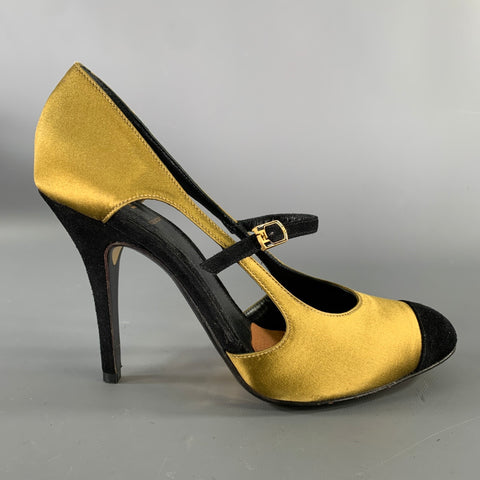 FENDI Size 7.5 Gold Black Satin Mary Jane Pumps