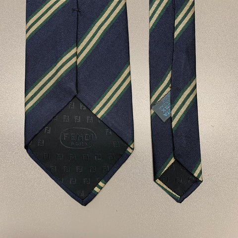 FENDI Navy Gold Diagonal Stripe Silk Tie