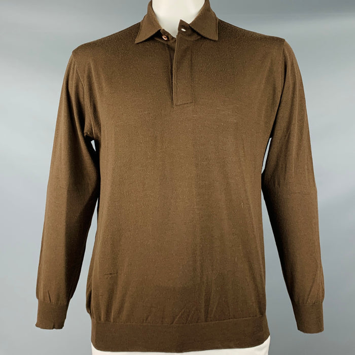 BRIONI Size XL Brown Knit Polo Pullover
