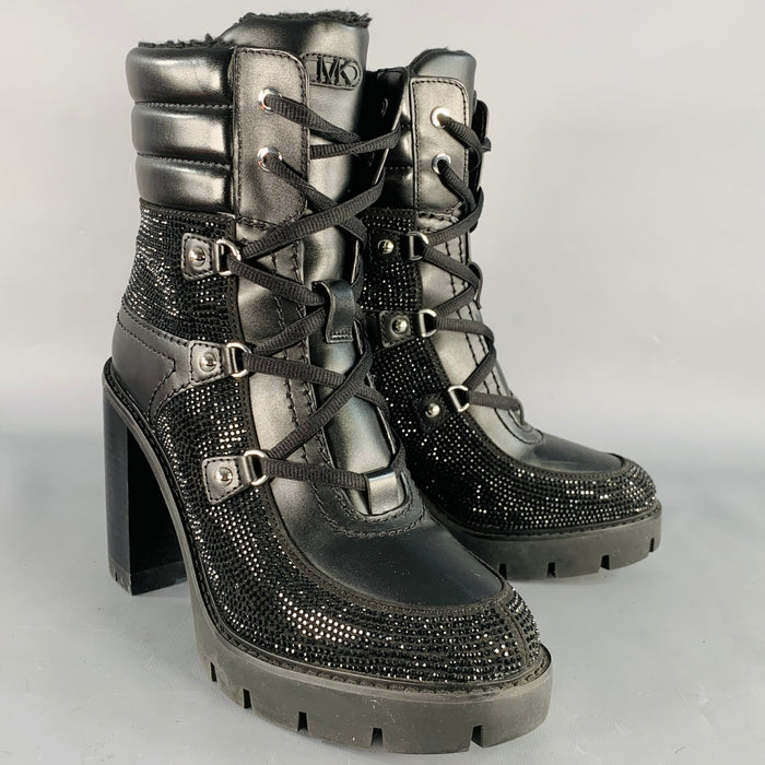 MICHAEL KORS Size 10 Black Rhinestones Faux Shearling Platform Boots