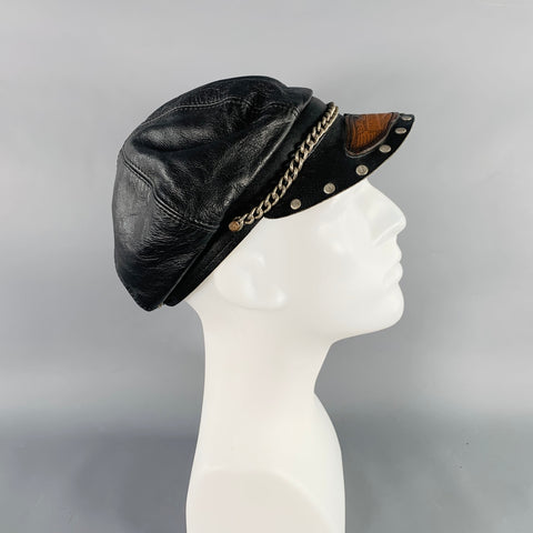 HARLEY DAVIDSON Black Brown Logo Leather Chain Studs Cap Hat