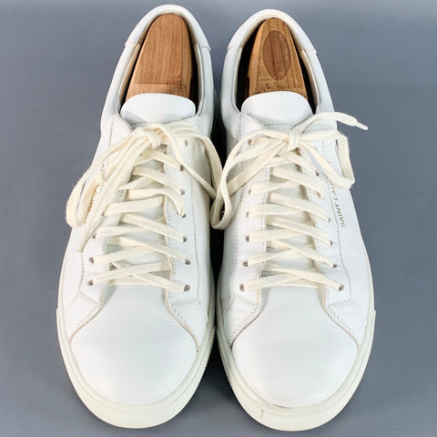 SAINT LAURENT Size 7 White Leather Logo Low Top Sneakers