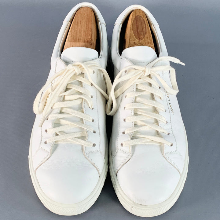 SAINT LAURENT Size 7 White Leather Logo Low Top Sneakers