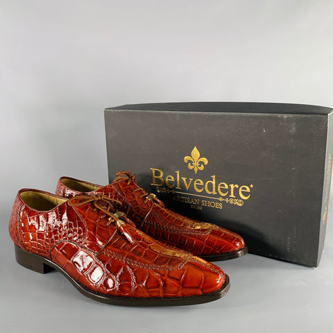 BELVEDERE Size 9 Brown Alligator Leather Derby Lace-Up Shoes