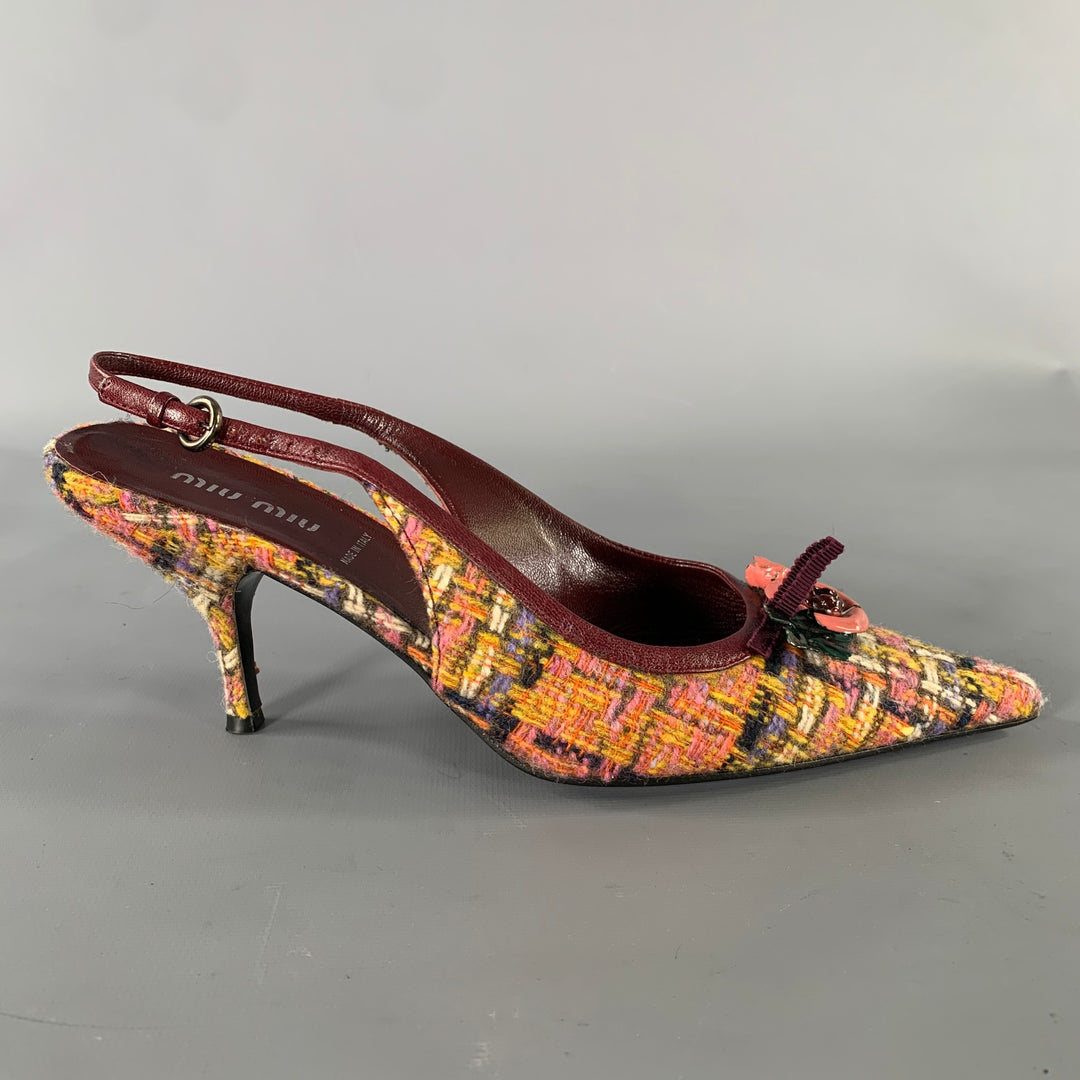 MIU MIU Size 7 Burgundy Wool Tweed Slingback Pumps
