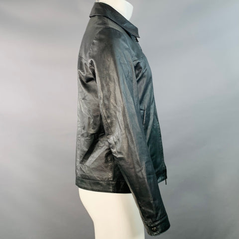 ISAIA SS13 Size M Black Blue White Reversible Zip Up Lambskin Leather Jacket