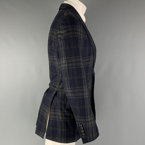 TOM FORD Chest Size 36 Navy Grey Plaid Wool Cashmere Peak Lapel Sport Coat