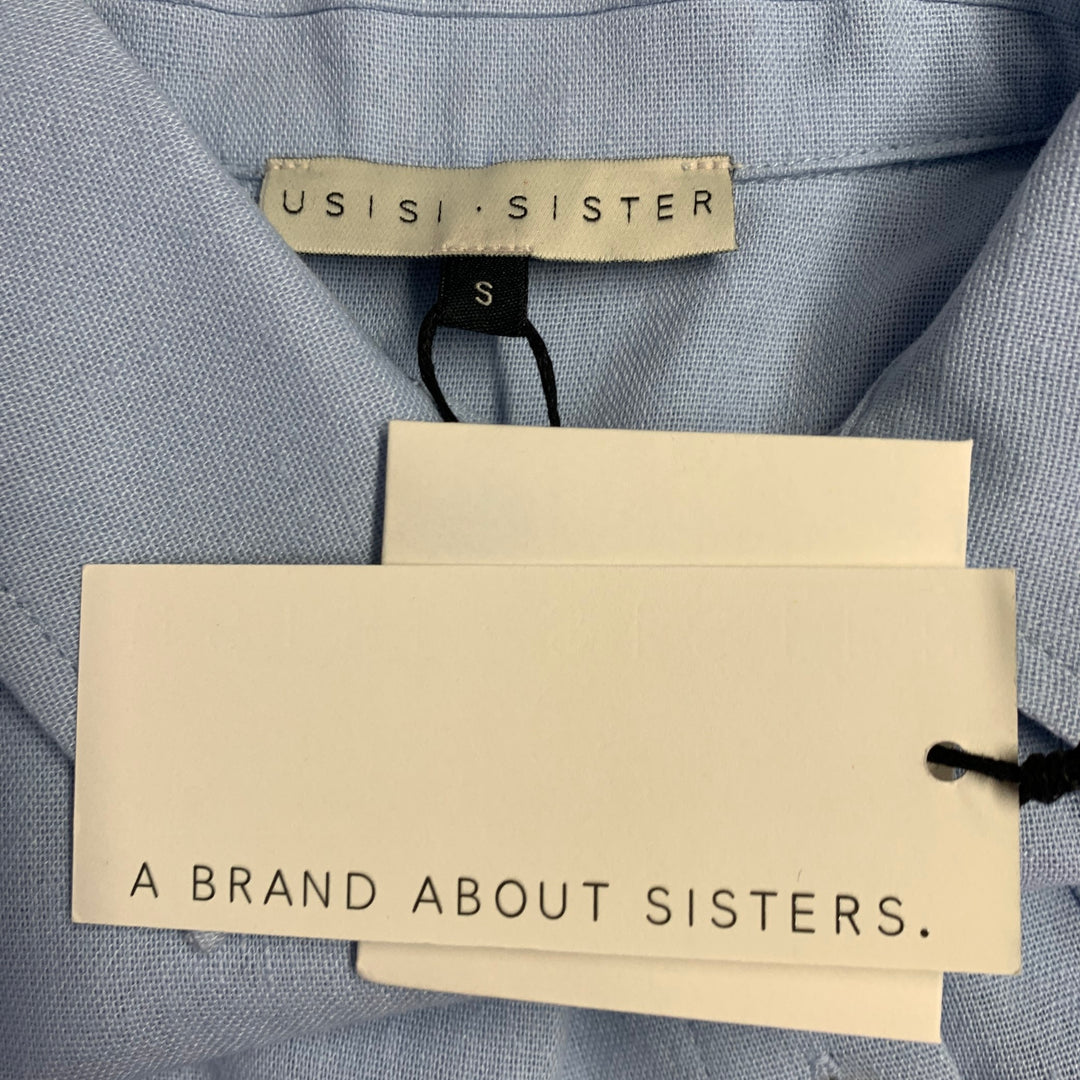USISI.SISTER Size S Blue Cotton Linen One Pocket Braided Trim Blouse