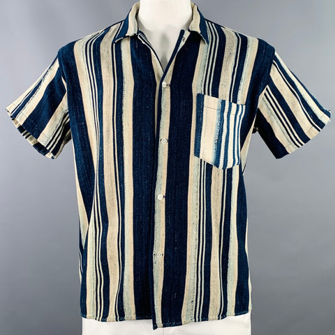 BODE Size XL Blue Beige Stripe Cotton One Pocket Short Sleeve Shirt