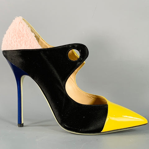 GIANNICO Size 8.5 Yellow Black Pink Color Block Mixed Fabrics Stiletto Pumps