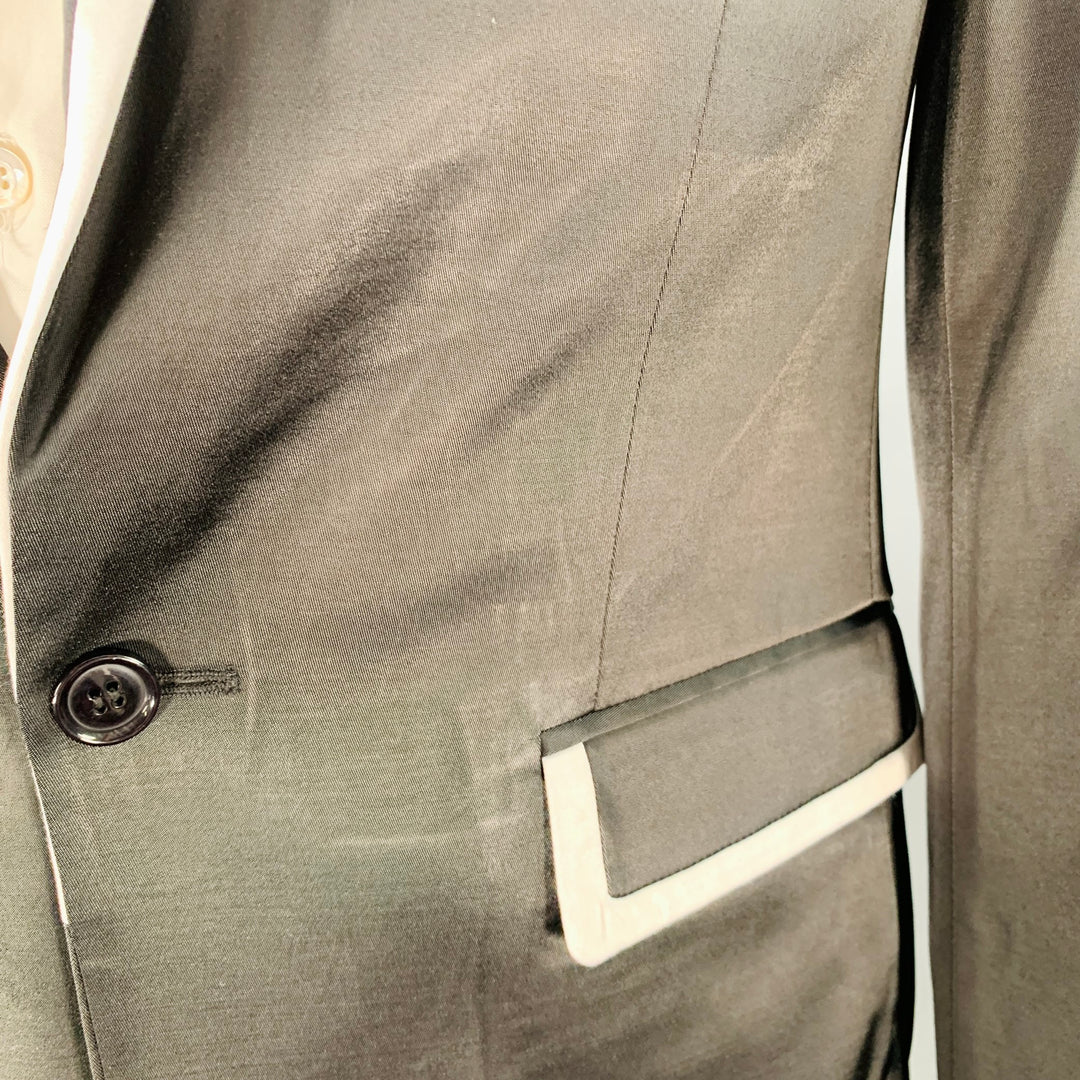 RAF SIMONS Size L Black White Satin Wool Acrylic Peak Lapel Contrast Trim Sport Coat