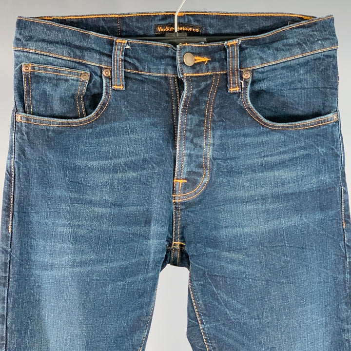 NUDIE JEANS Size 29 Grim Tim Navy Contrast Stitch Cotton Blend Tapered Jeans