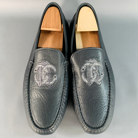 ROBERTO CAVALLI Size 11.5 Navy Silver Logo Embroidery Leather Drivers Loafers
