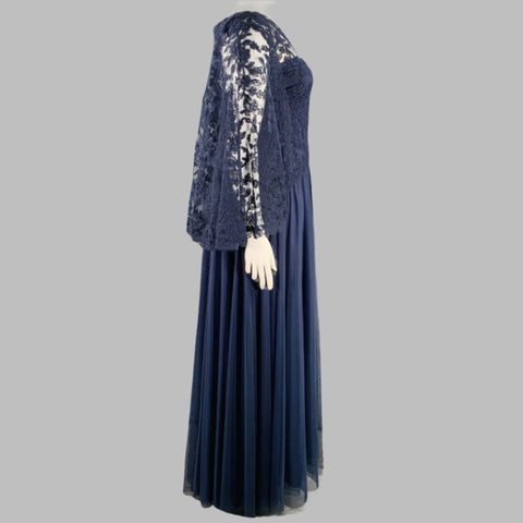 TADASHI SHOJI Size 16 Navy Nude Polyester Blend Lace Capelet Gown/Evening Wear