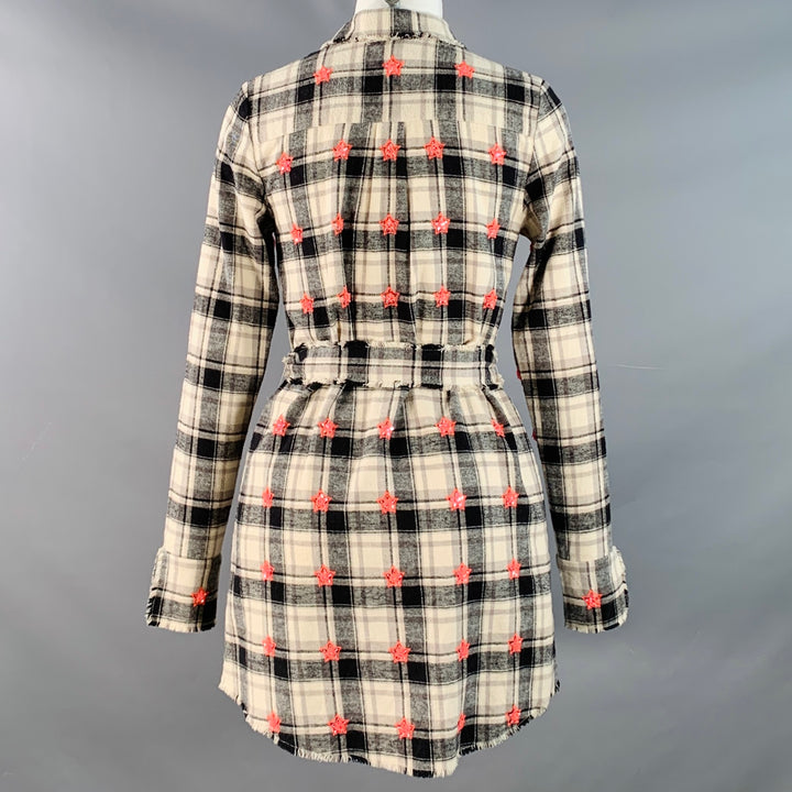 MANOUSH Size S Beige Black Cotton Plaid Raw Edges Belted Mini Shirt Dress