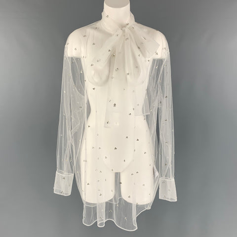 VALENTINO Size 12 White Polyamide See Through Bow Blouse