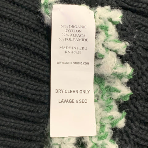 NSF Size XS Black Green White Cotton Blend Distressed Mesh Back Crew Neck Sweater