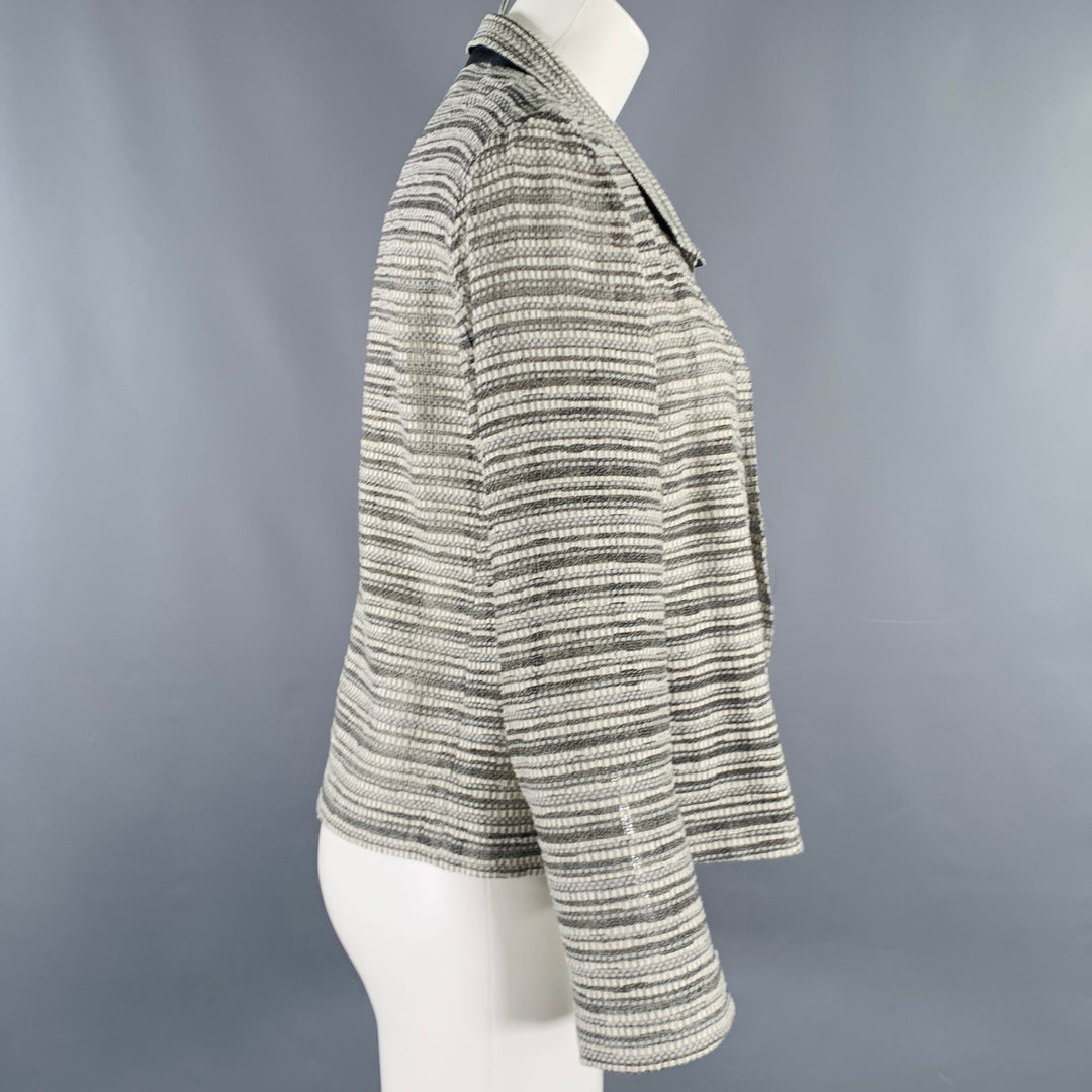 AKRIS Size 8 Grey White Cotton Wool Stripe Open Front Jacket