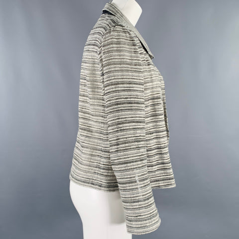 AKRIS Size 8 Grey White Cotton Wool Stripe Open Front Jacket
