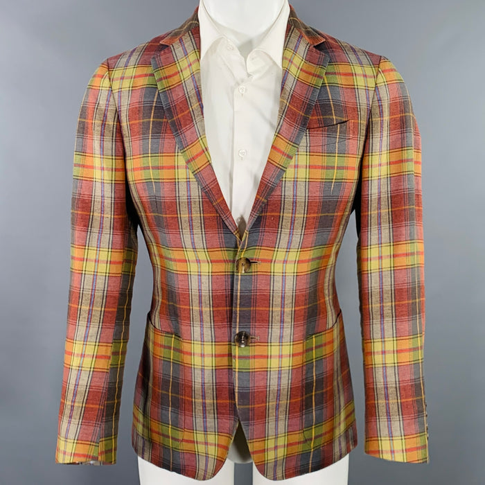 ETRO Size 38 Multi Color Plaid Linen Cotton Double Button Sport Coat