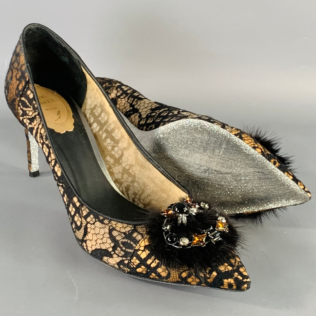RENE CAOVILLA Size 10.5 Brown Black Lace Rhinestones Pointed Toe Stiletto Pumps