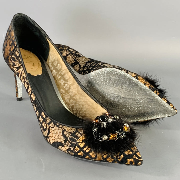 RENE CAOVILLA Size 10.5 Brown Black Lace Rhinestones Pointed Toe Stiletto Pumps